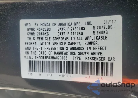 2017 Honda Accord Exl из США, поврежденный, VIN 1HGCR3F83HA023006